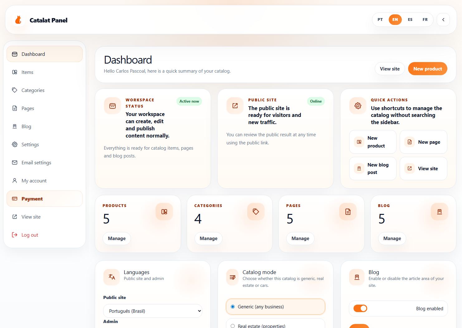 Dashboard do painel administrativo do Catalat